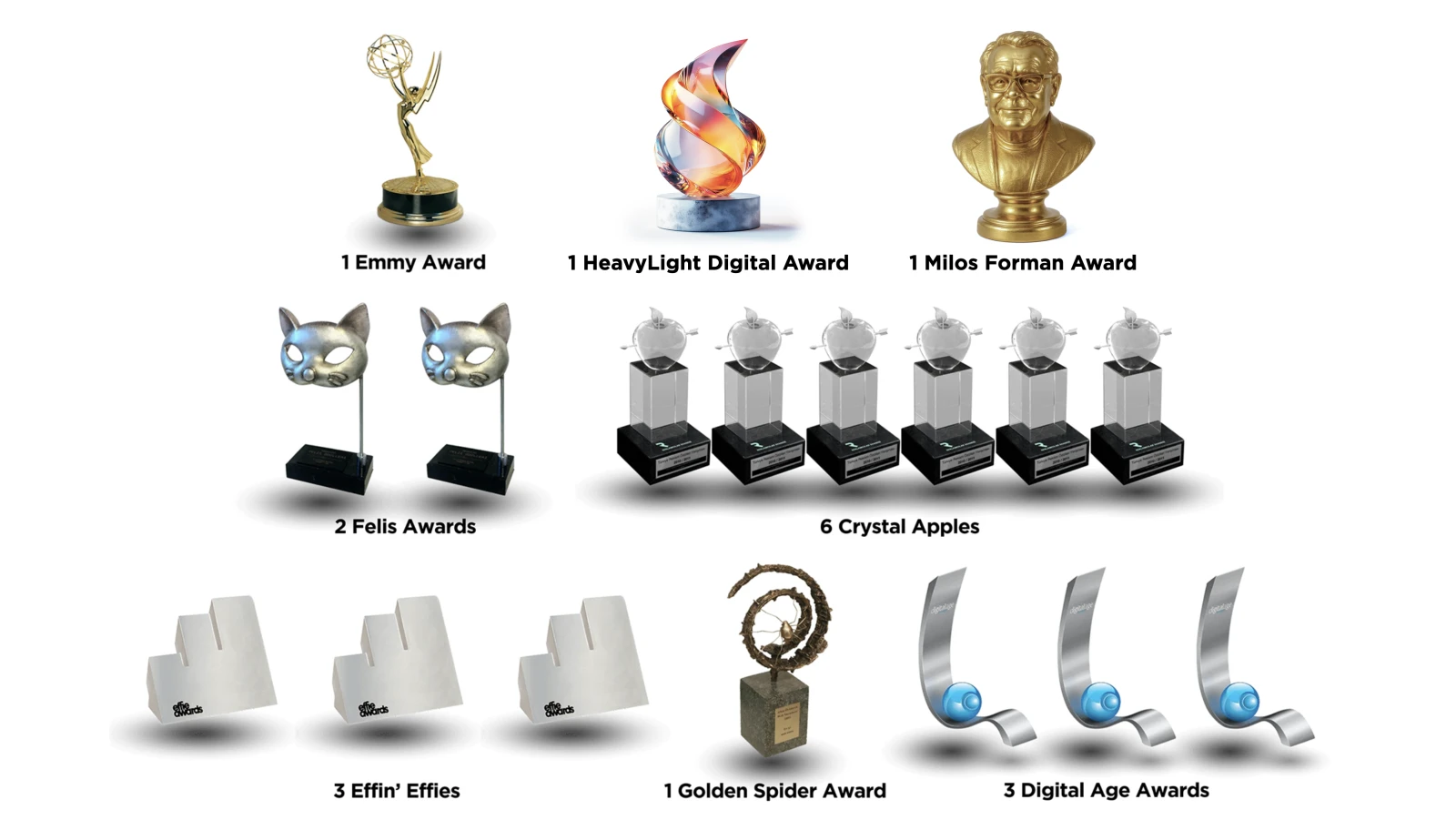 Overzicht van Bas zijn prijzen: Emmy, HeavyLight Digital, Felis, Crystal Apples, Effies, Golden Spider, Digital Age, Milos Forman
