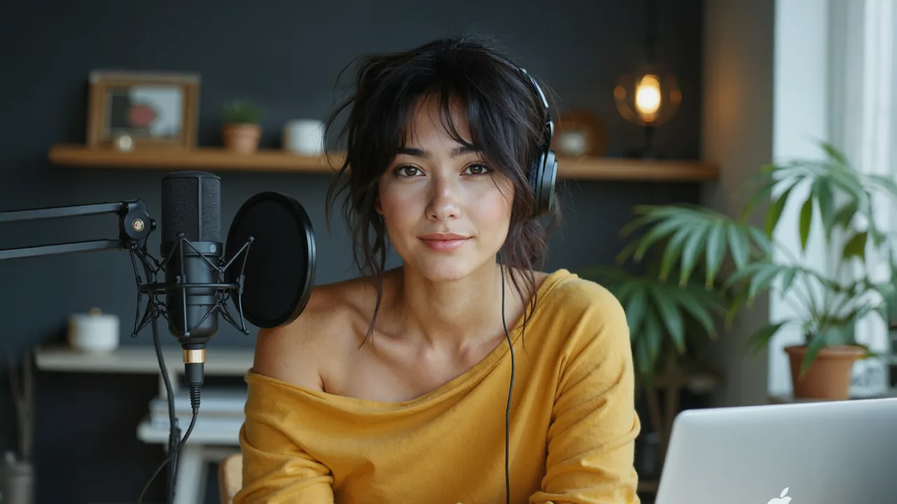 Amber, de on-camera AI-presentator van WonderLoop, achter een studiomicrofoon