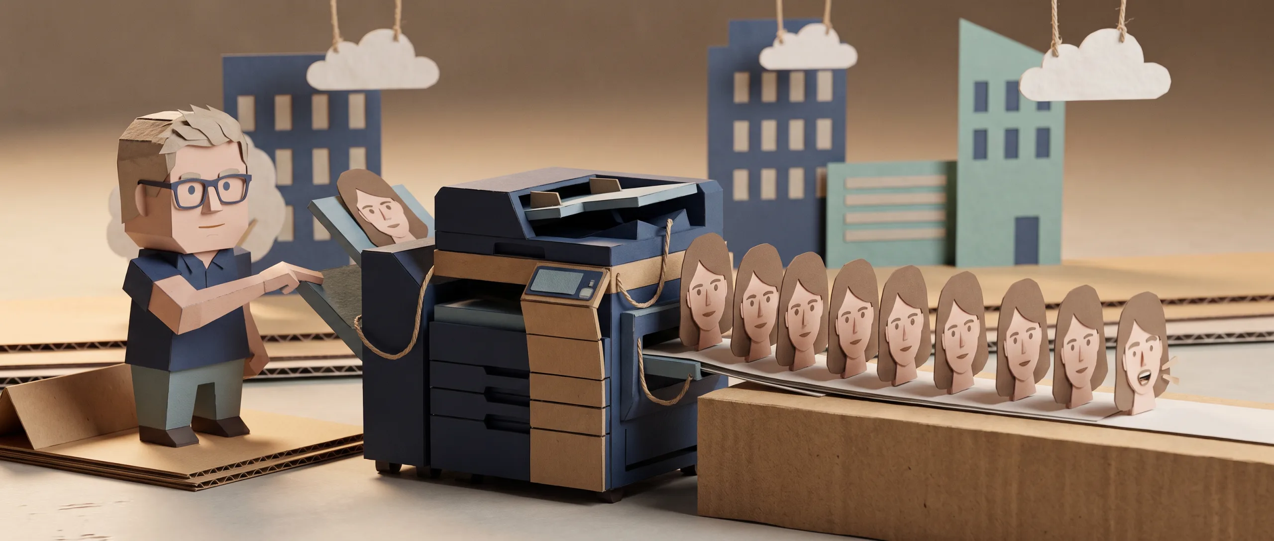 Papercraft-diorama: Bas legt één portret op een kopieerapparaat en er rolt een rij identieke kopieën uit, waarvan de laatste begint te praten