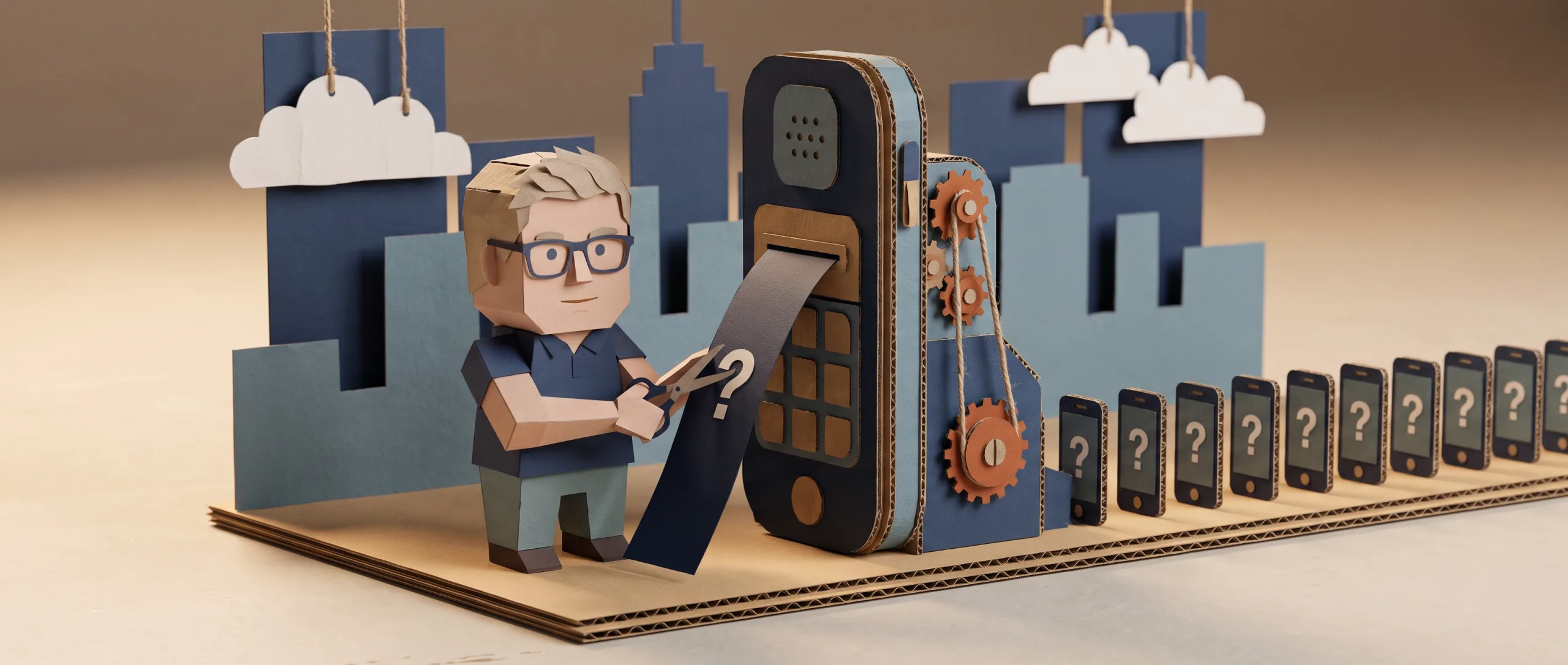 Papercraft diorama: Bas trims a question that is too long with scissors before it goes into a machine shaped like a phone, and out the other side comes a long row of little phones, each with one question mark
