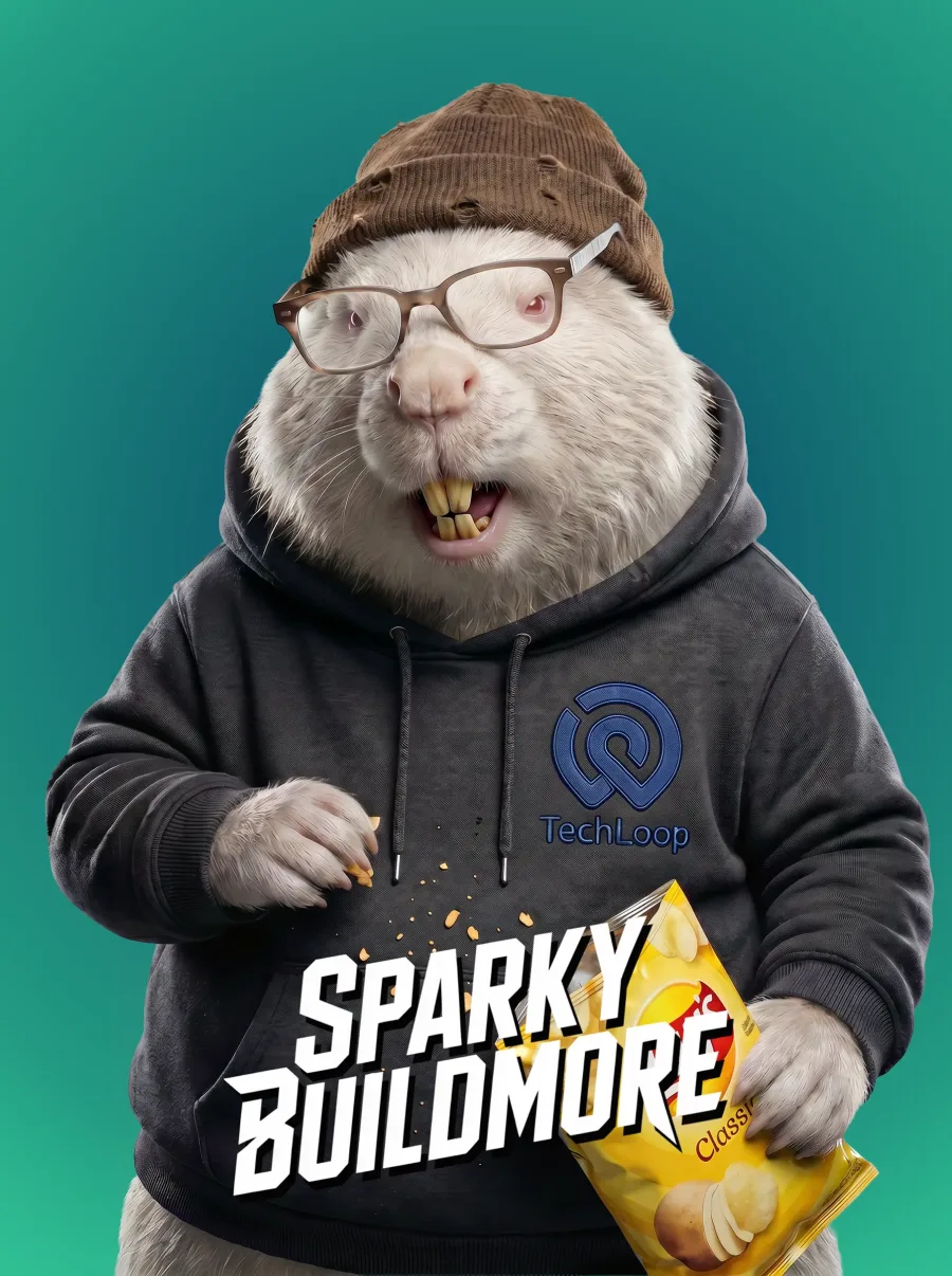 Karakterposter van Sparky Buildmore, de developer