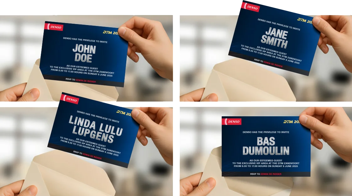 Vier gepersonaliseerde DENSO VIP-uitnodigingskaarten